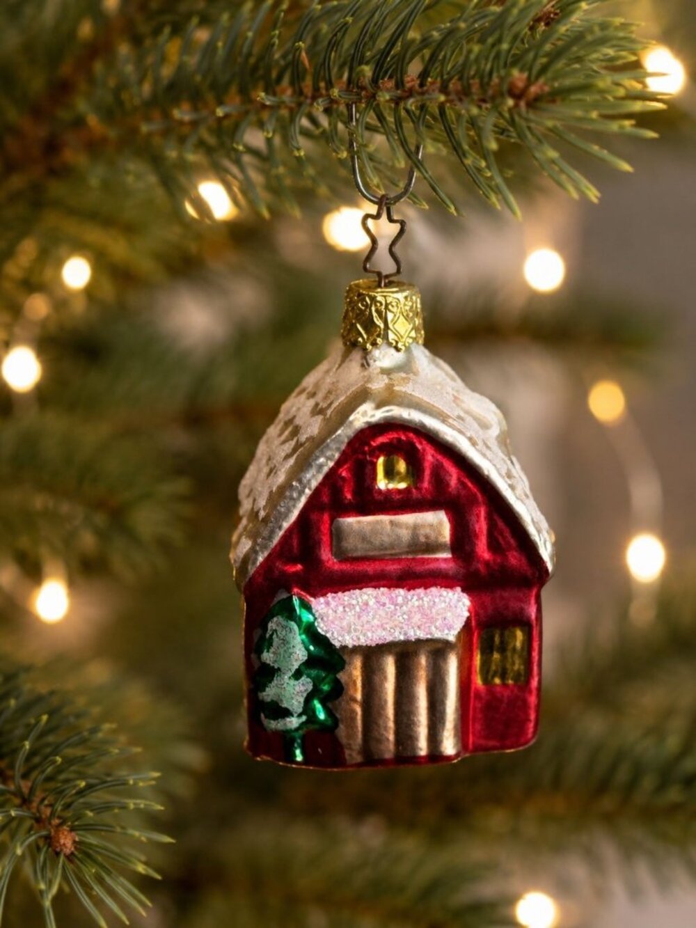 Glass Christmas Ornament Red Barn Glitter Accents Holiday Decor Multicolor
